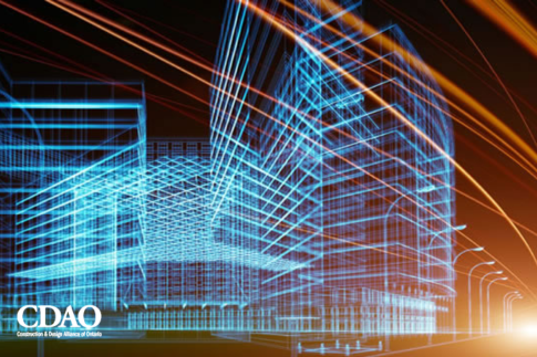 Blue and orange building wireframe