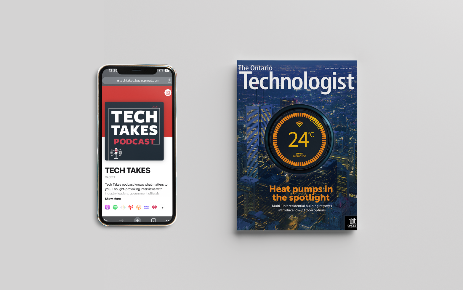 a phone on the Tech Takes podcast home page and an issue of the Ontario Technologist magazine