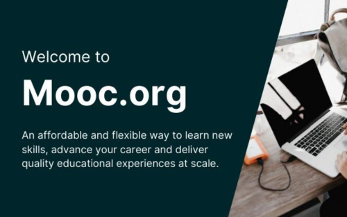 "Banner for Mooc.org promoting affordable, flexible learning to advance careers. Includes a person using a laptop."