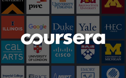 "Coursera logo with a background of various university and company logos, including Duke University, Yale, Google, and University of Michigan."